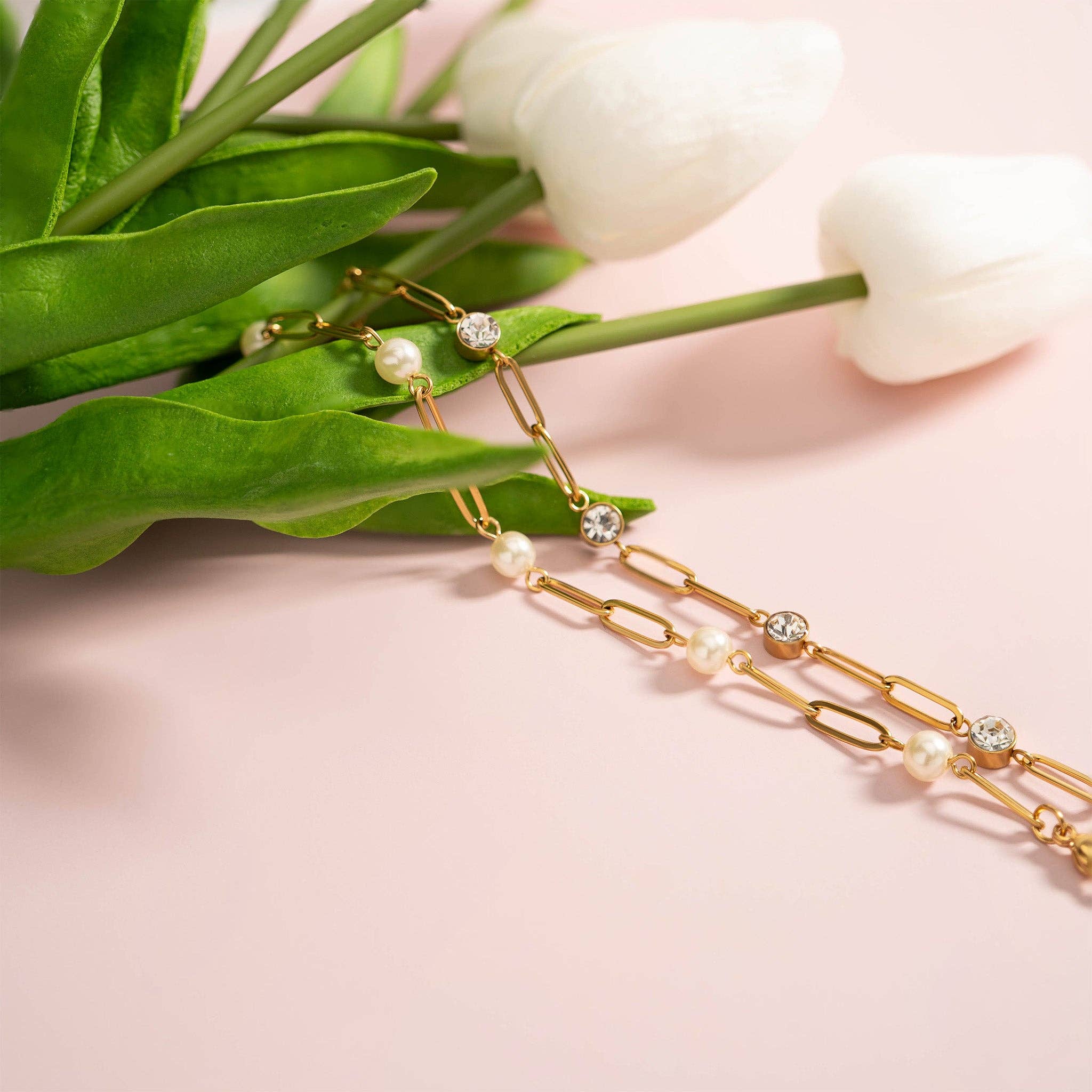 18K Gold Steel Station Pearl Paperclip Chain Bracelet