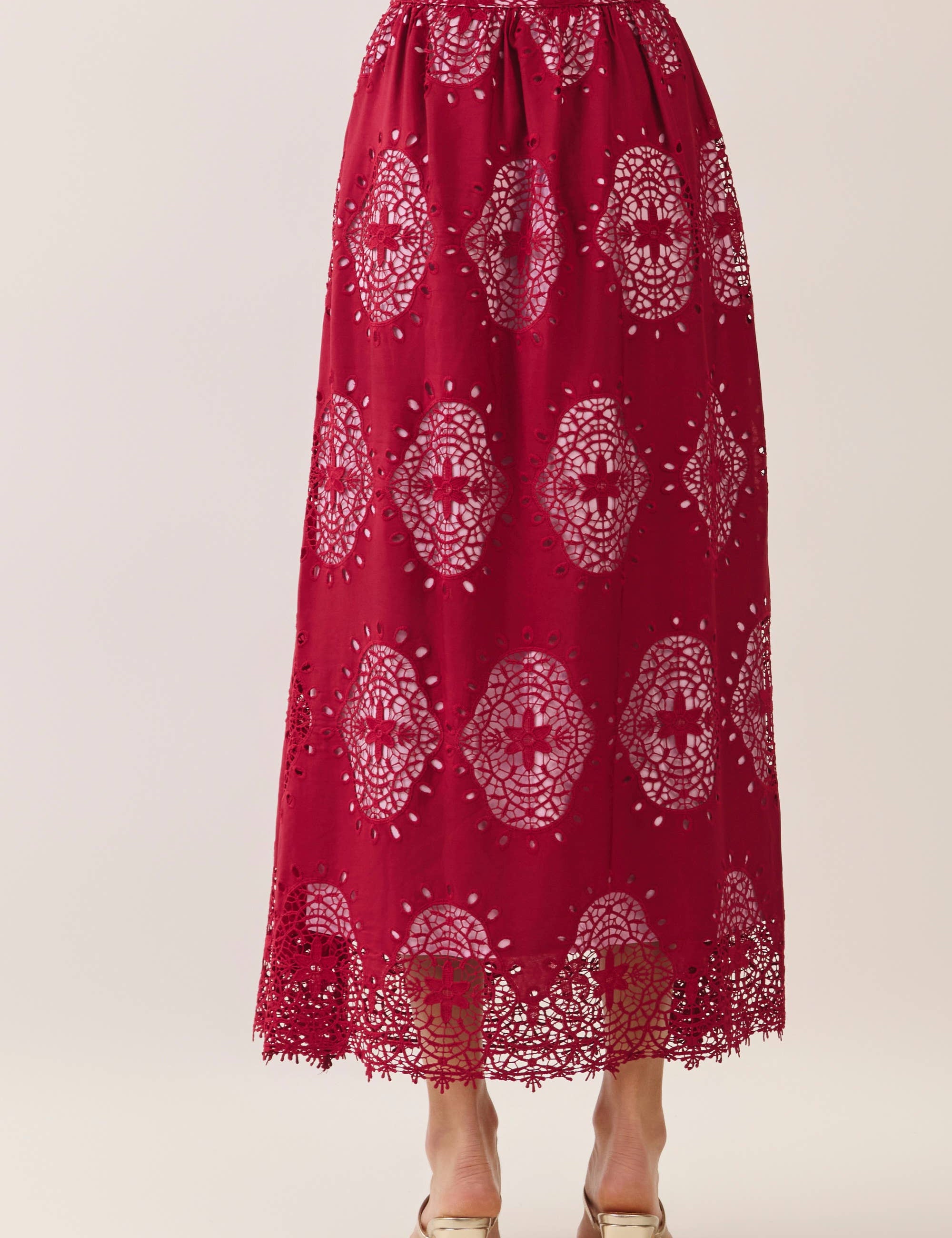 Burgundy Eyelet Scalloped Maxi Skirt