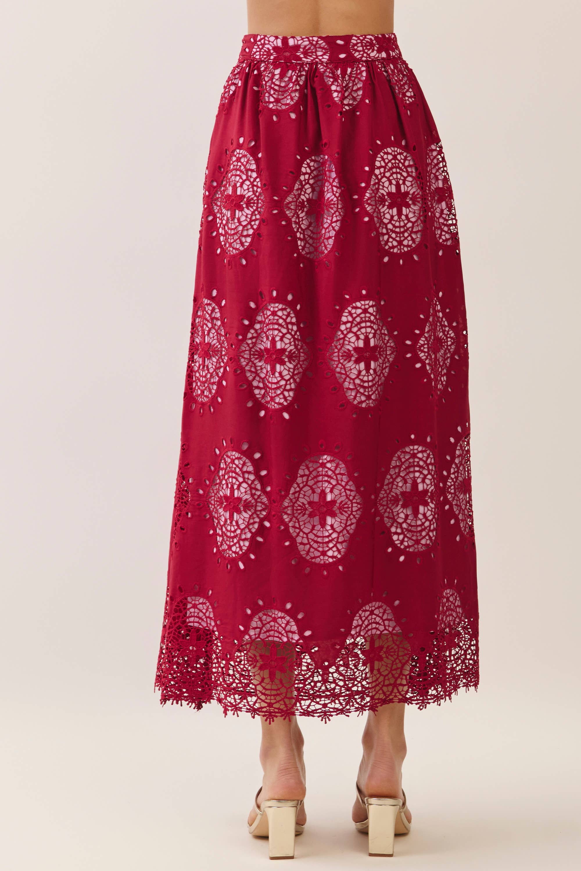 Burgundy Eyelet Scalloped Maxi Skirt