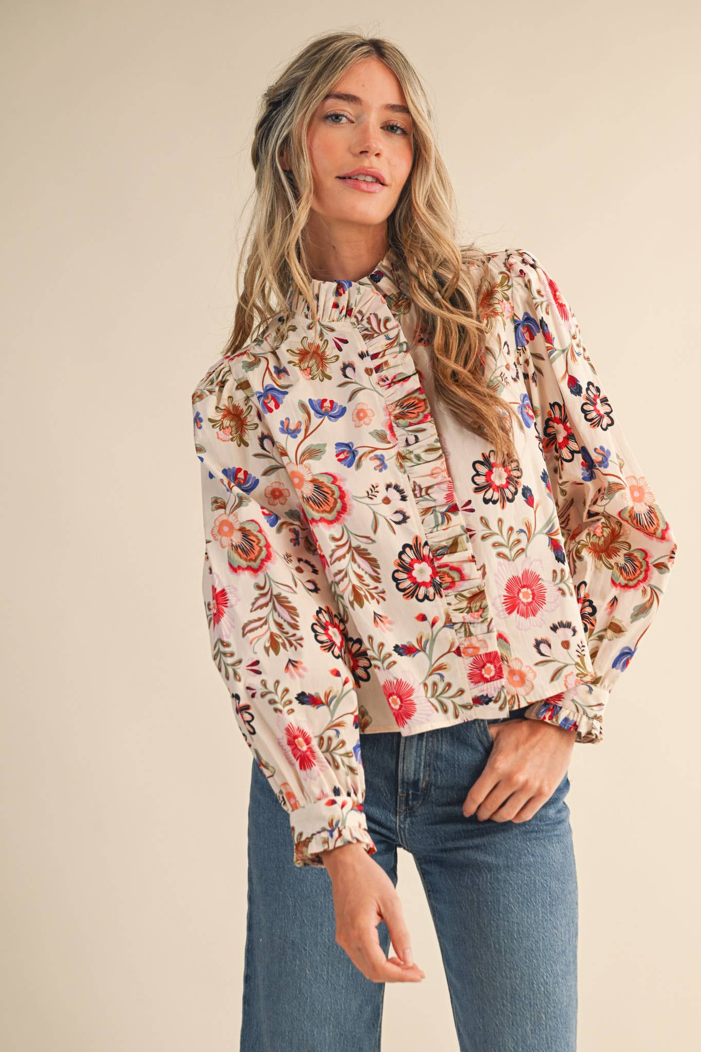 Cream Floral Ruffled Button Down Top