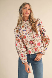 Cream Floral Ruffled Button Down Top