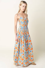 Blue & Orange Blossom Smocked Maxi Dress