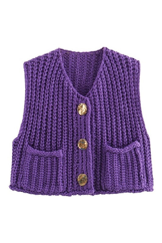 Purple Solid Round Neck Sweater Vest