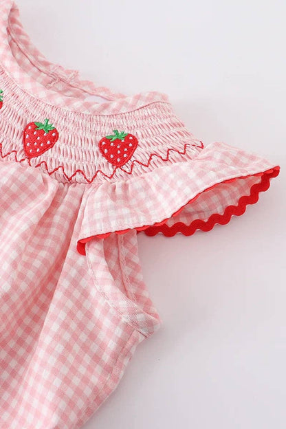 Girls Strawberry Plaid Smocked Romper