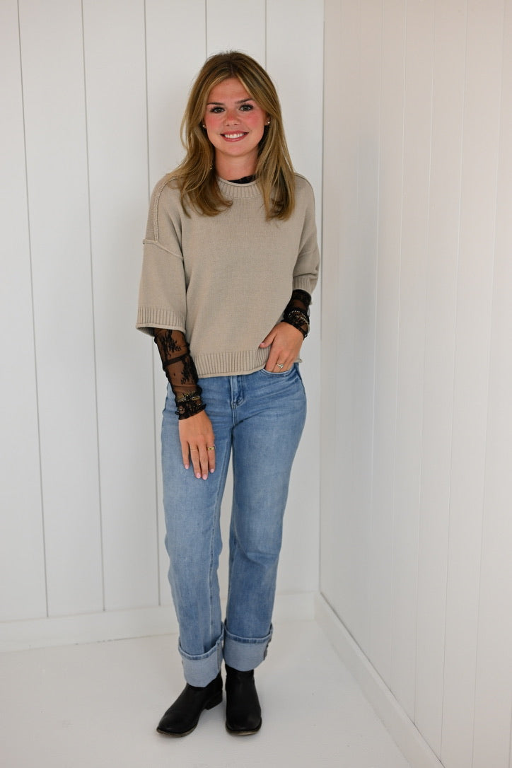 Taupe Drop Shoulder Short Sleeve Pullover