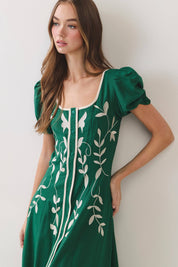 Green Embroidered Puff Sleeve Midi Dress