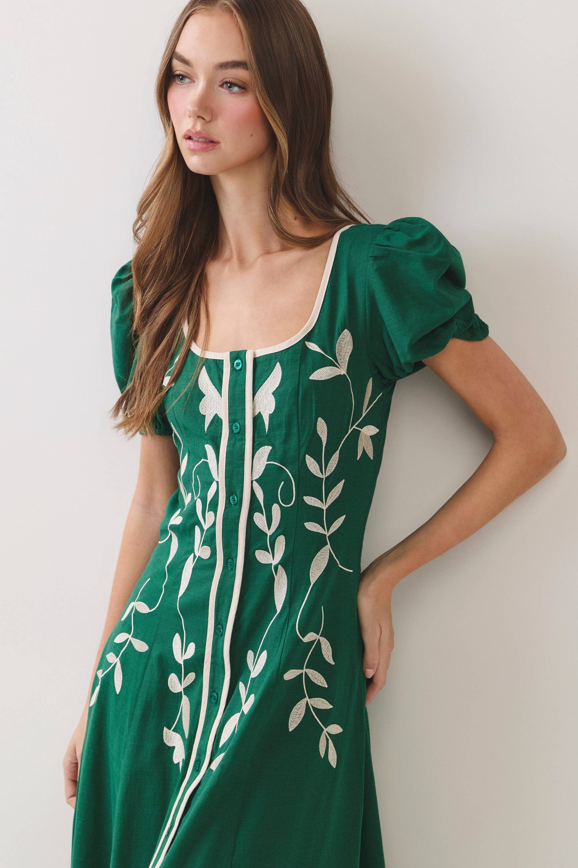 Green Embroidered Puff Sleeve Midi Dress