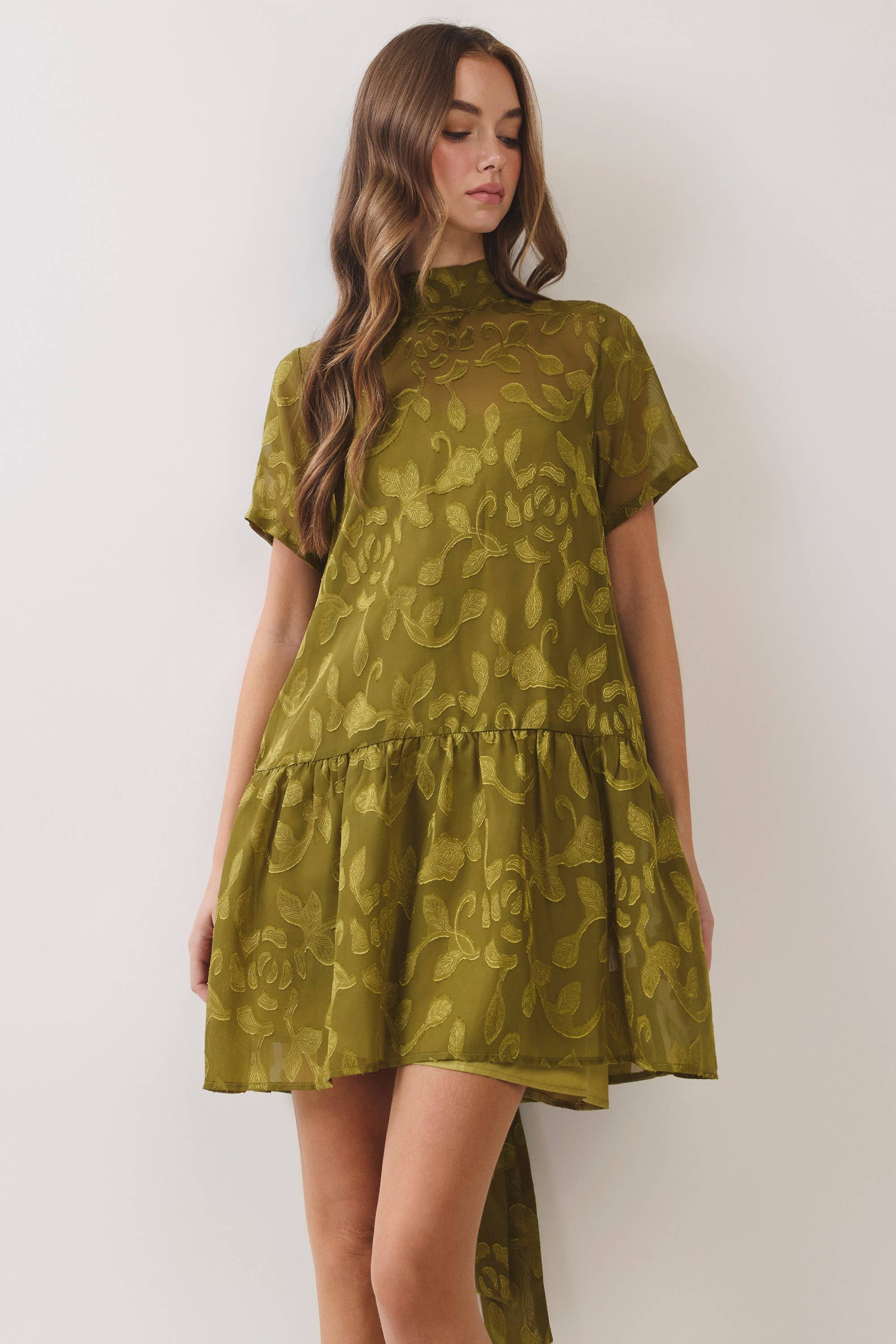 Green Floral Jacquard Tie-Neck Mini Dress