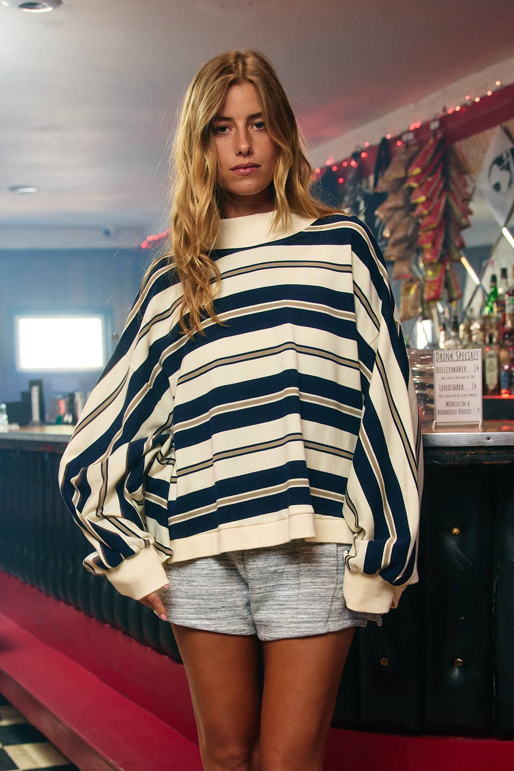 Navy Striped Oversized Crewneck Top