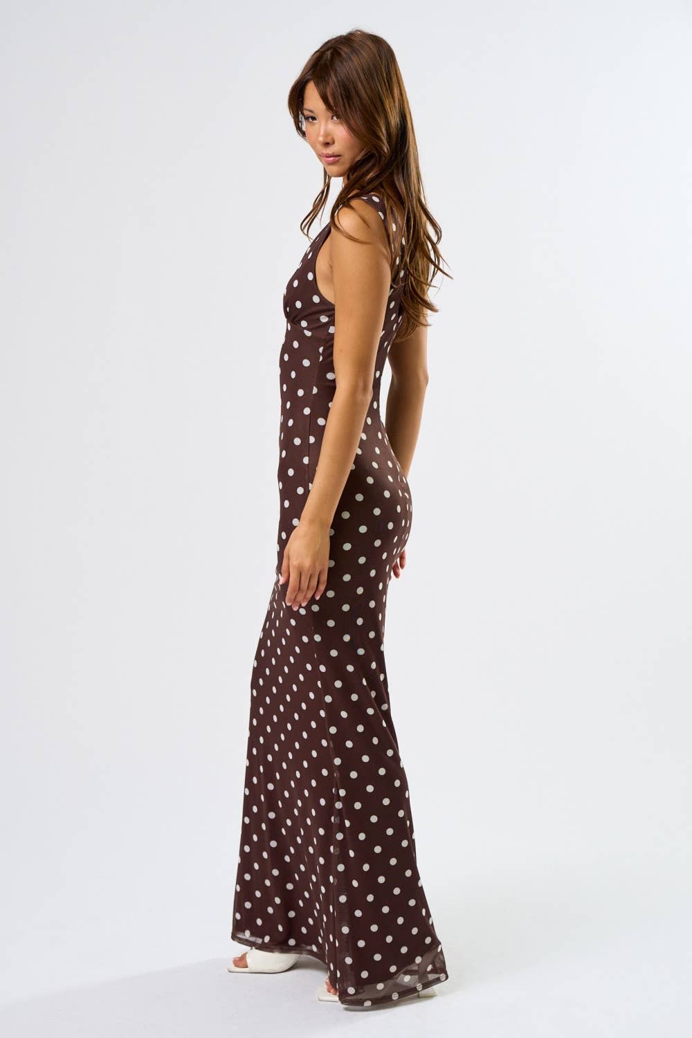 Brown Mesh Polka Dot Maxi Dress