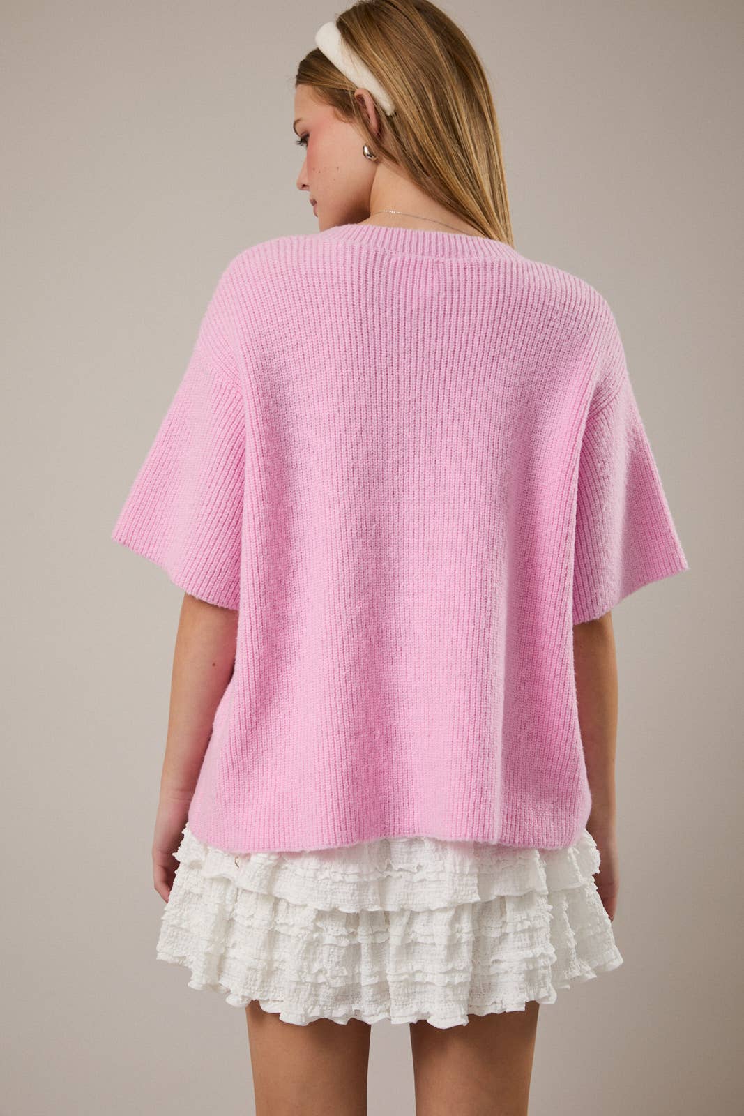 Pink Shortsleeve Ribbed Sweater Cardigan