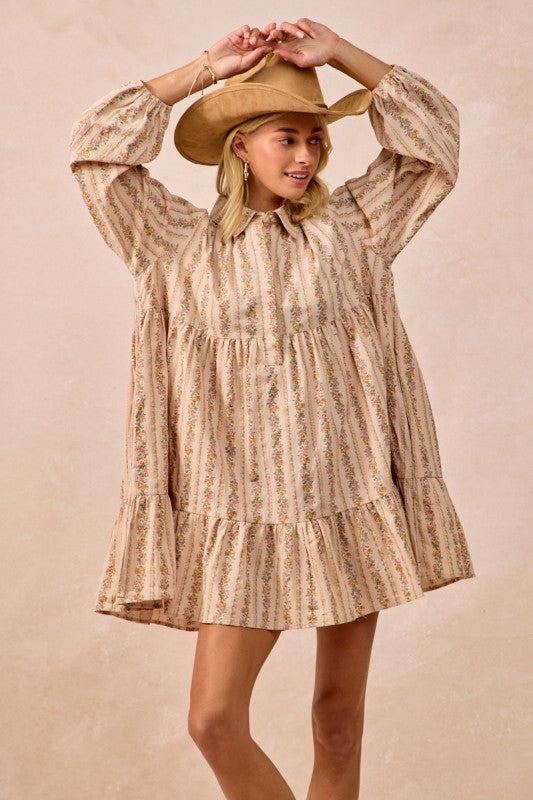 Cream Floral Print Buttoned Shirt Dress