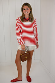 Red Striped Crew Neck Sweater