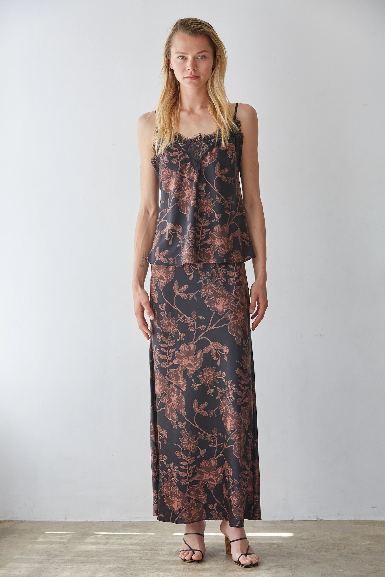 Floral Print Lace Tank & Maxi Skirt Set