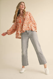 Cream & Orange Print Collared Top