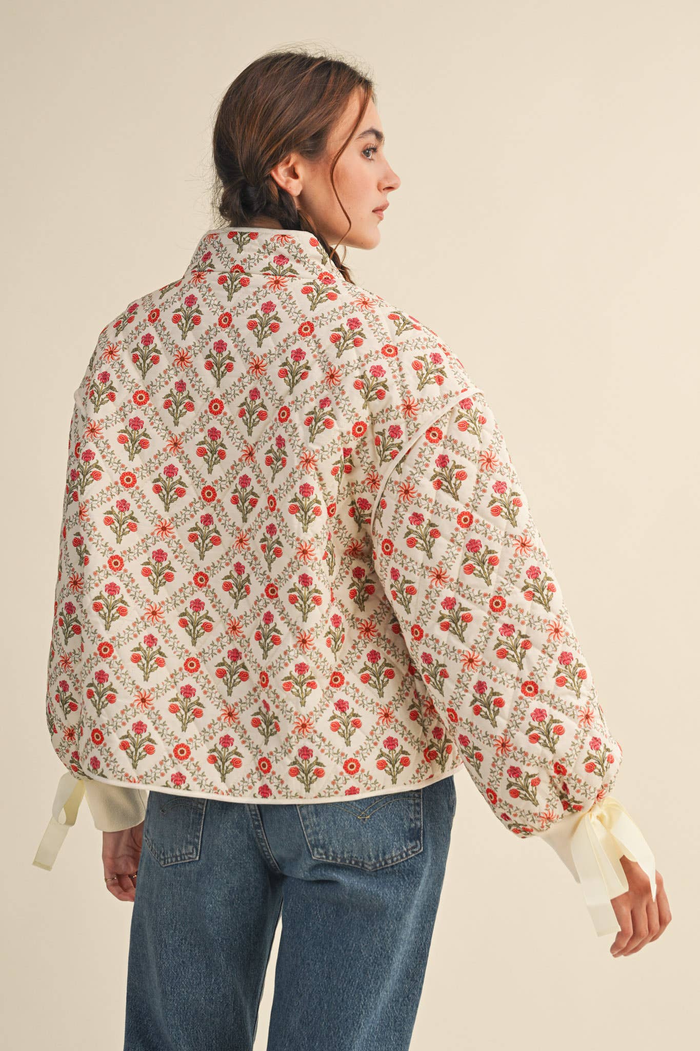 Ivory Floral Quilted Jacket With Ribbon Detail