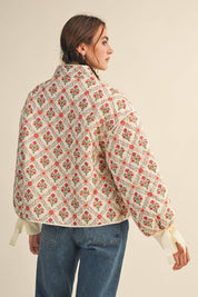 Ivory Floral Quilted Jacket With Ribbon Detail