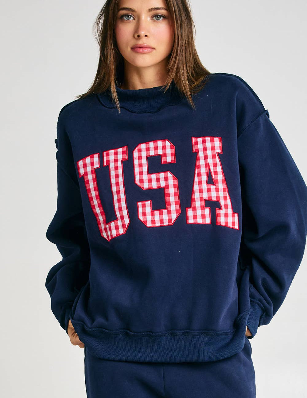 Navy USA Mockneck — 'USA' and red plaid embroidery