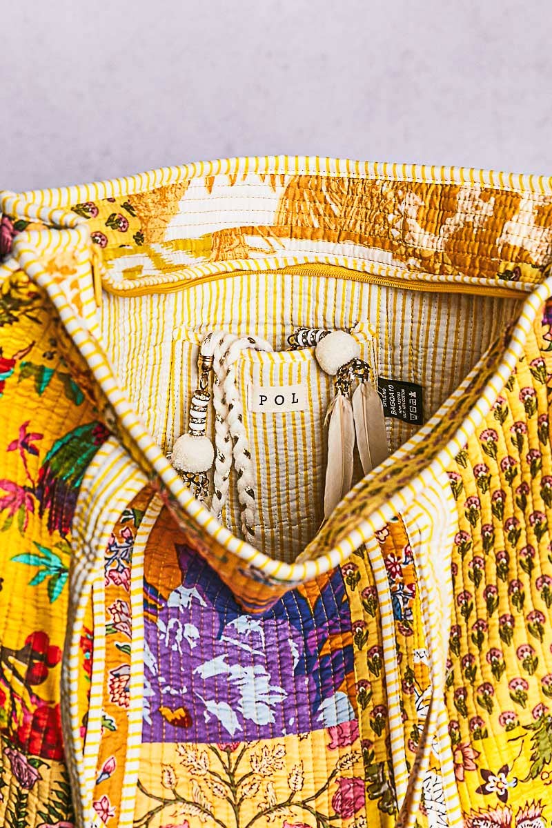 Yellow Quilted Striped Tote Bag
