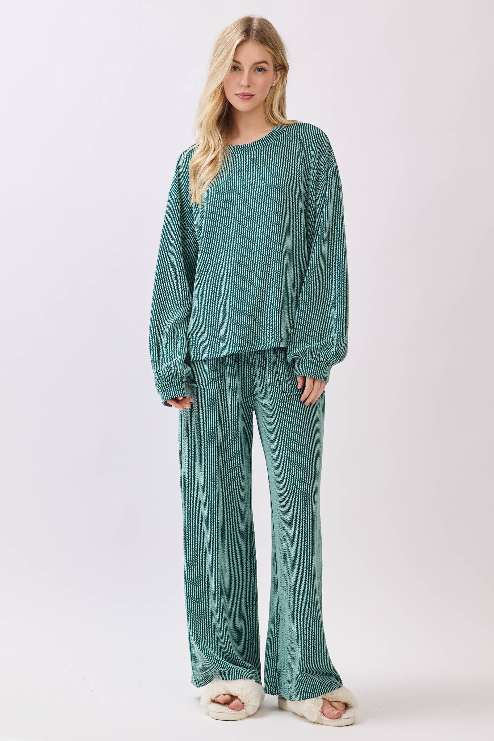 Teal Ribbed Knit Top and Wide Leg Pants Set