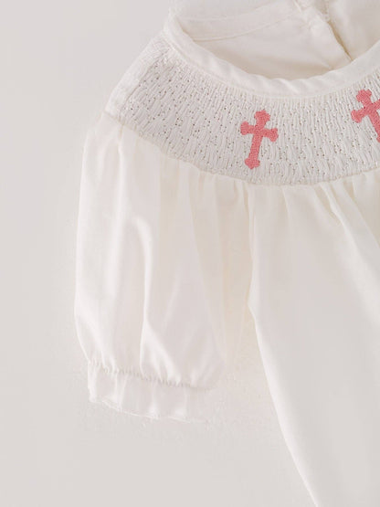 White Smocking Embroidered Crucifix Girls