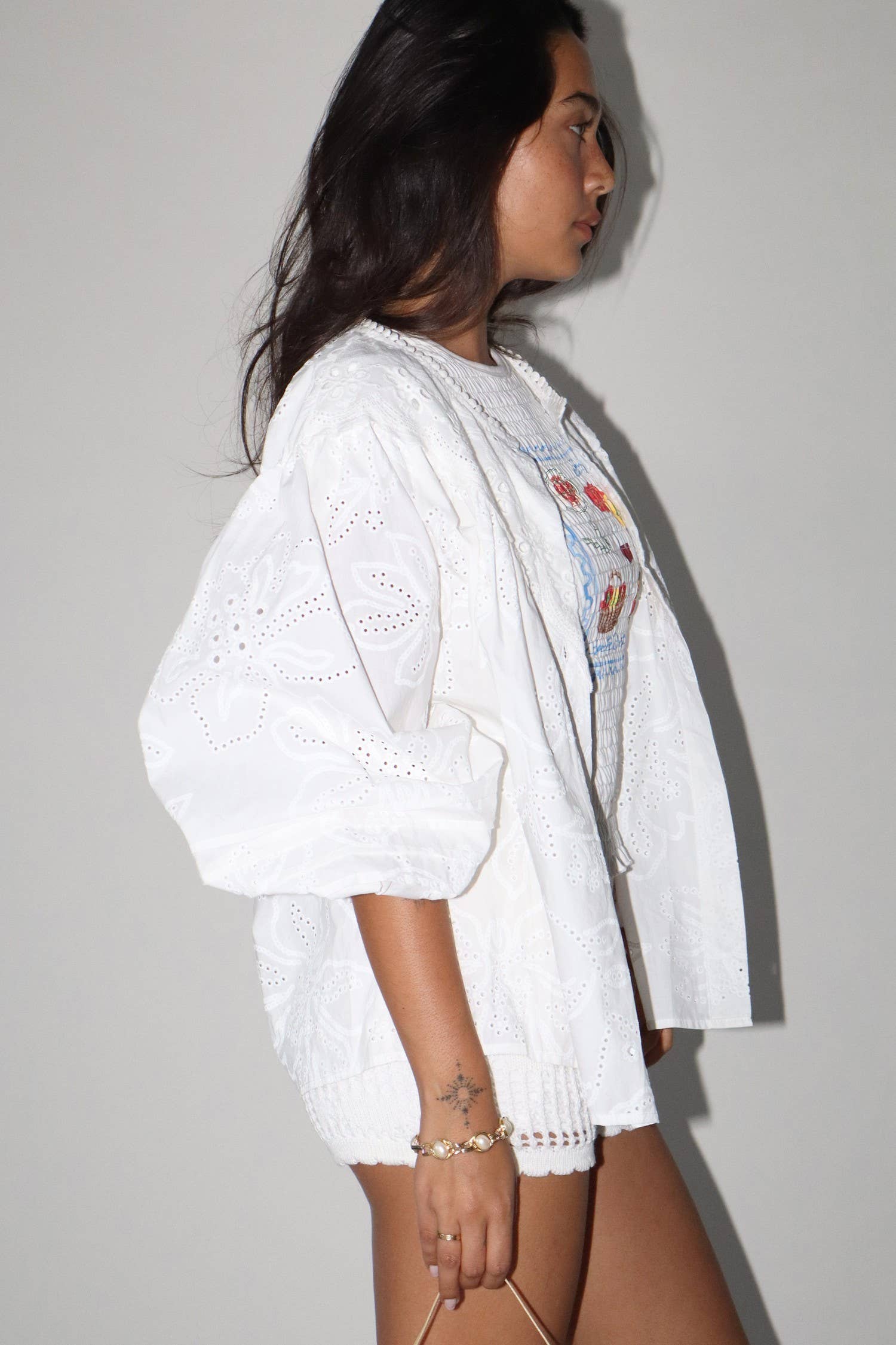 White Eyelet Cotton Long Sleeve Blouse — view 10