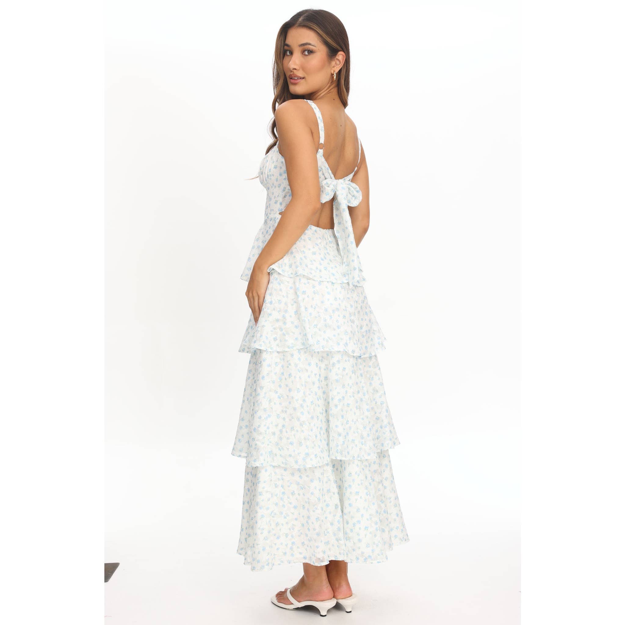 White & Green Floral Tiered Maxi Dress
