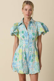 Blue Floral Puff Mini Dress