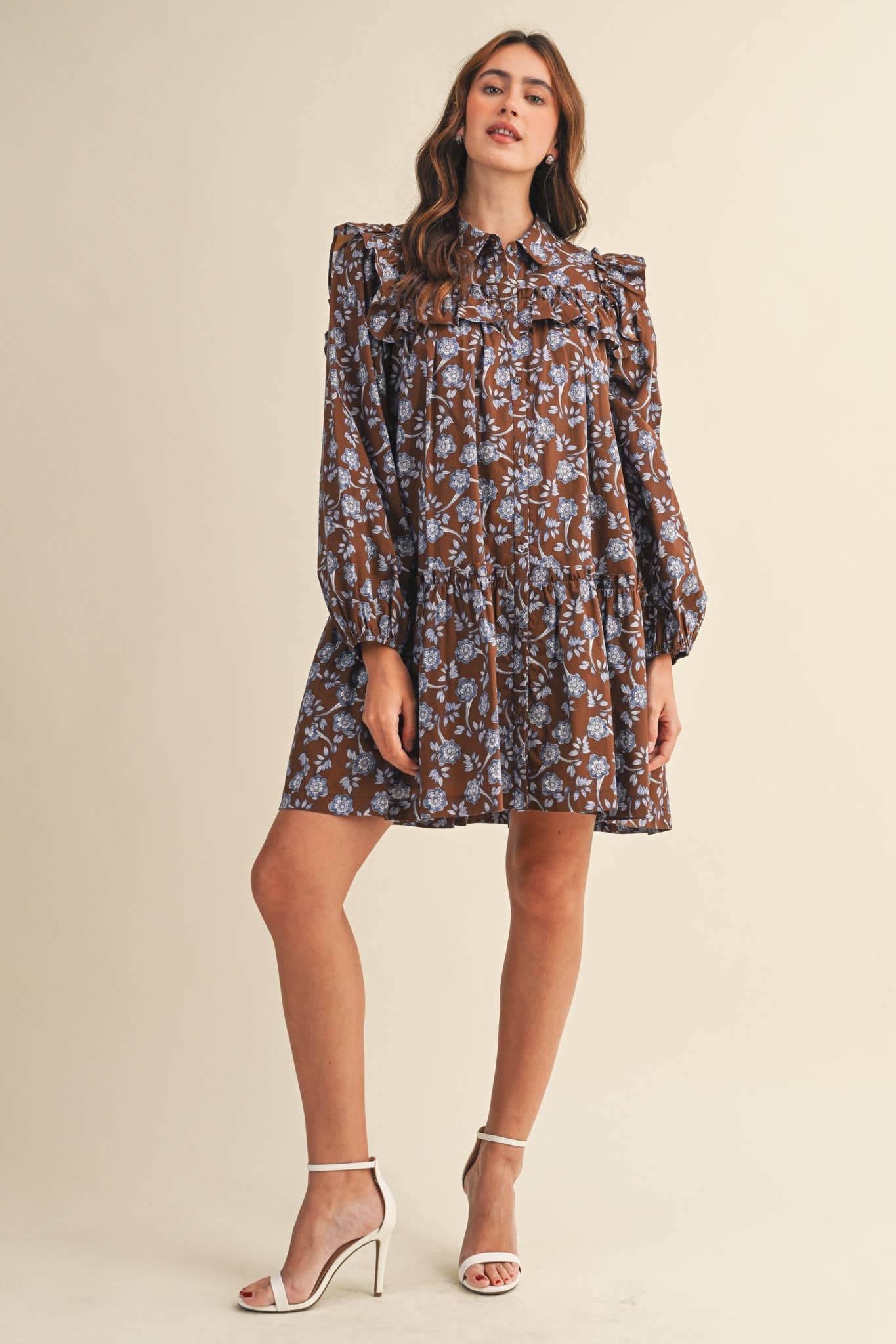 Brown Ruffle Trim Button Down Mini Dress