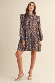Brown Ruffle Trim Button Down Mini Dress