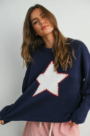 Navy Drop Shoulder Star Pattern Sweater