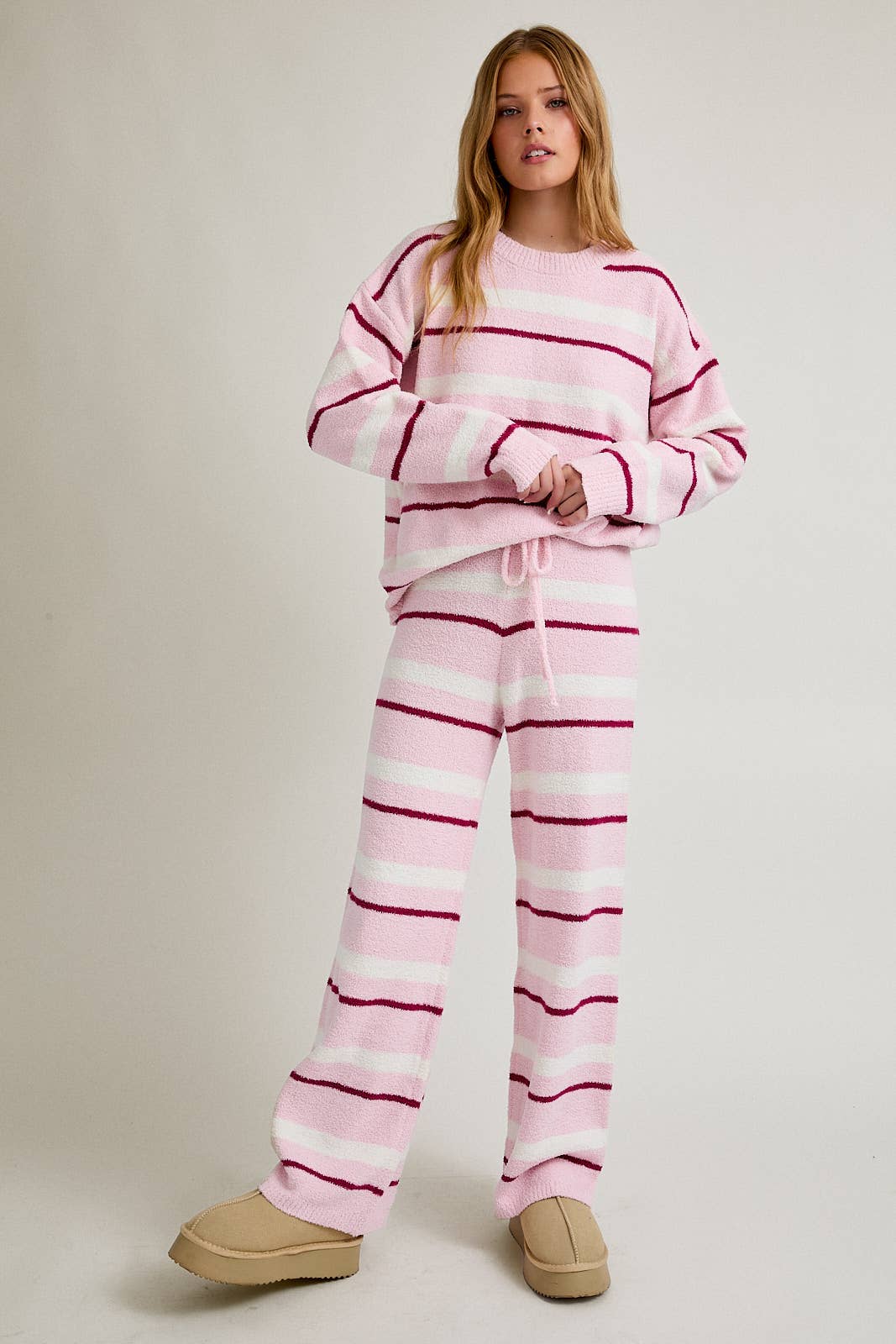 Pink & Cream Stripe Sweater & Pants Set