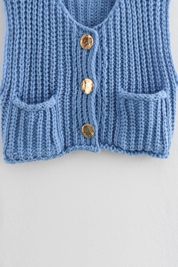 Blue Solid Round Neck Sweater Vest