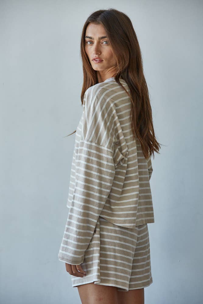 Beige & White Striped Mock Neck Long Sleeve