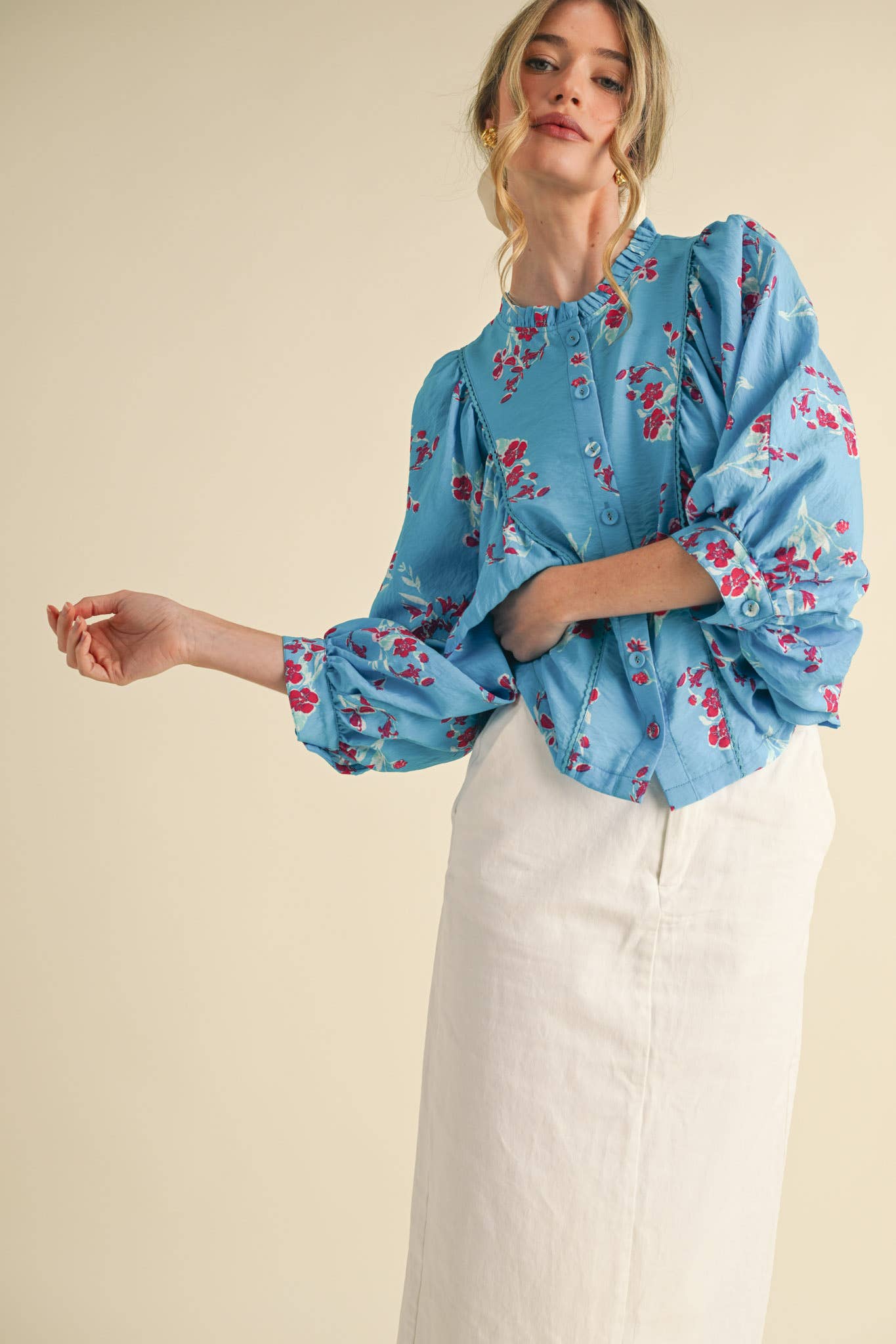 Blue Floral Dolman Sleeve Blouse