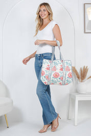 White Floral Quilted Tote Bag