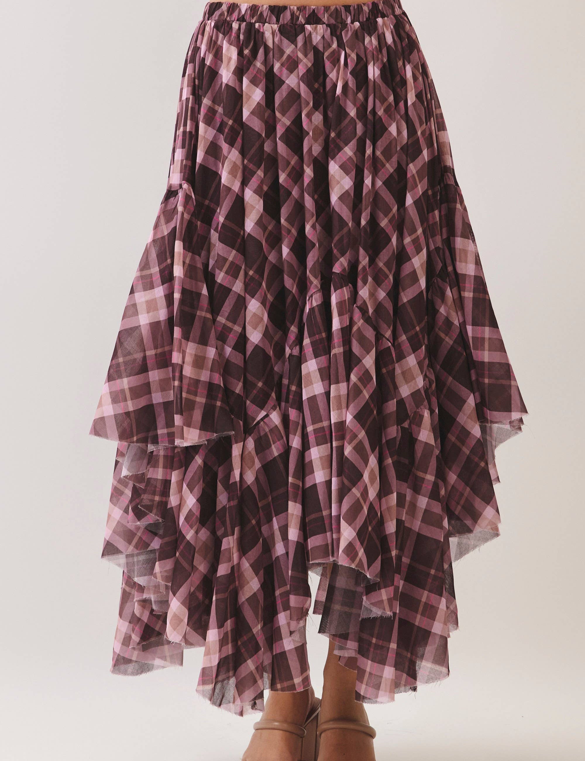 Brown Plaid Asymmetrical Tiered Skirt showing brown & pink plaid!