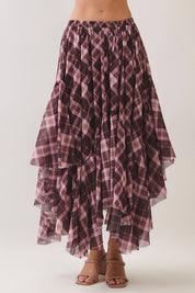 Brown Plaid Asymmetrical Tiered Skirt