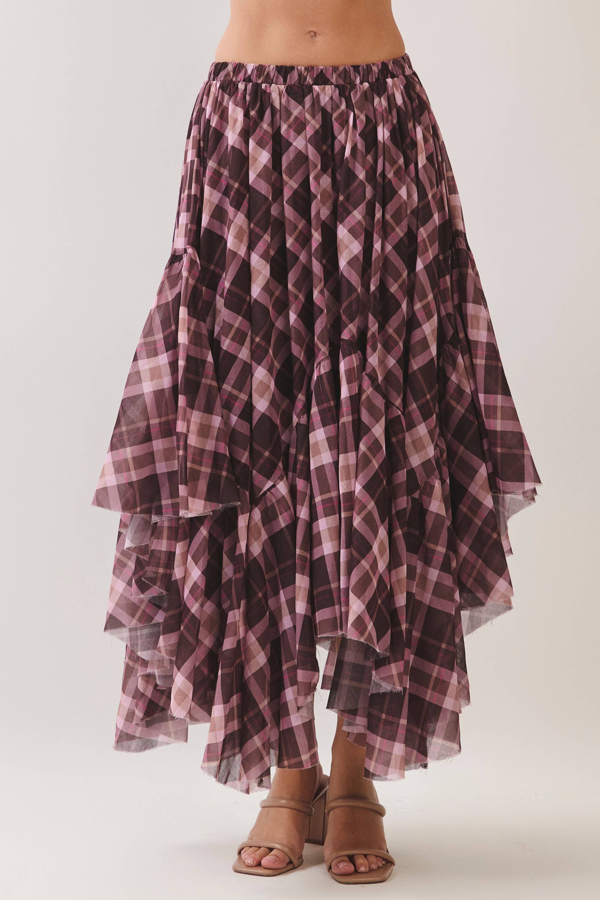 Brown Plaid Asymmetrical Tiered Skirt