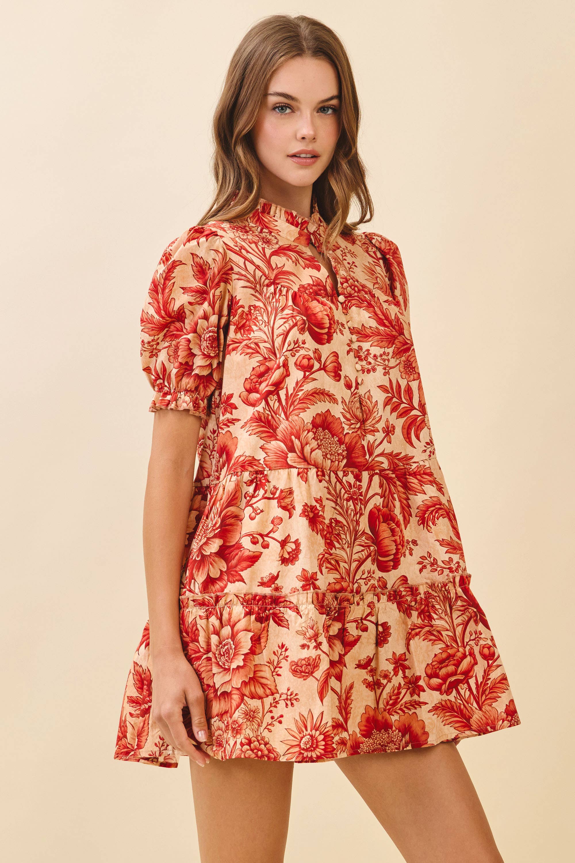 Floral Ruffled Mock Neckline Mini Dress