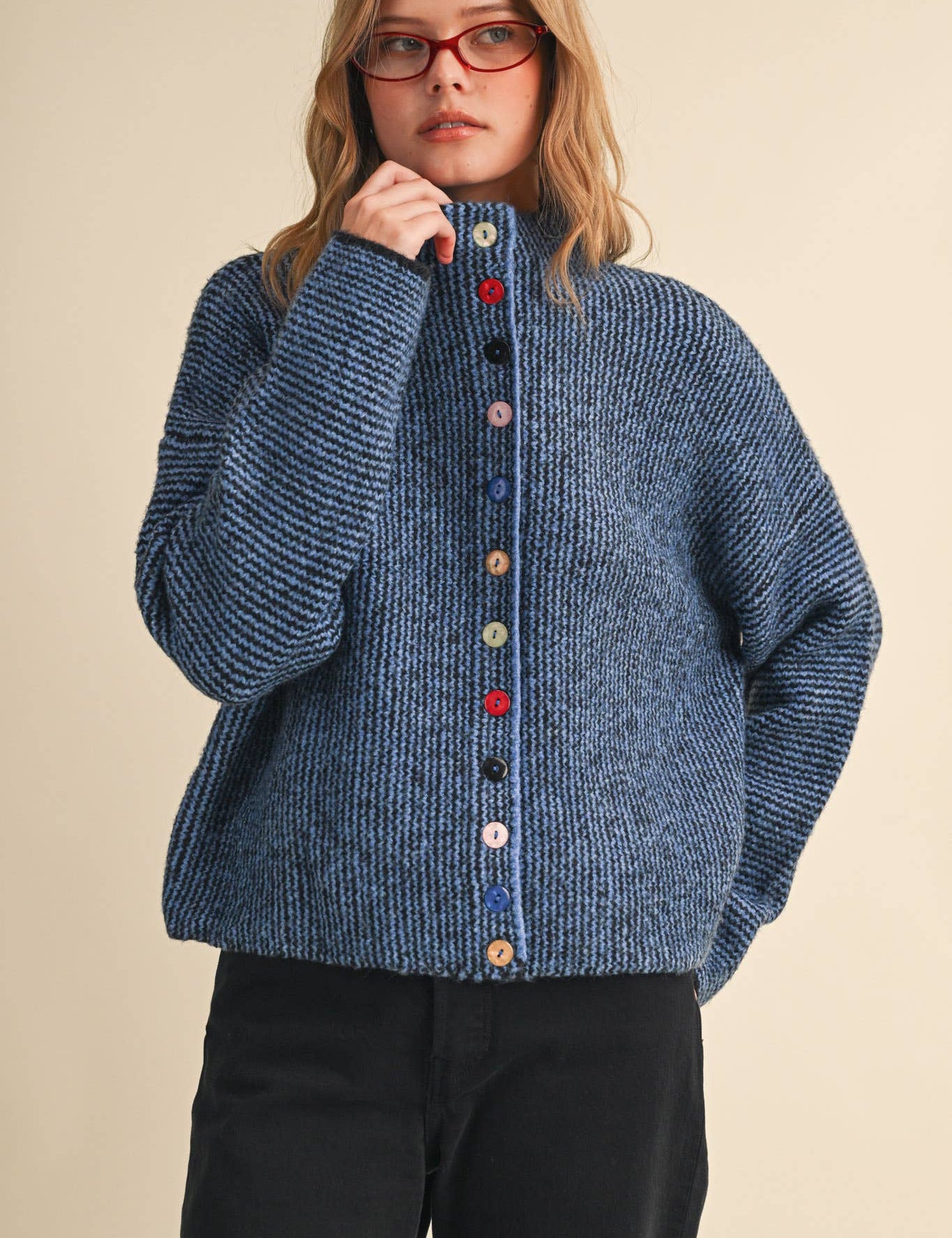 Blue Striped Cardigan With Buttons at Ninety Nine Boutique