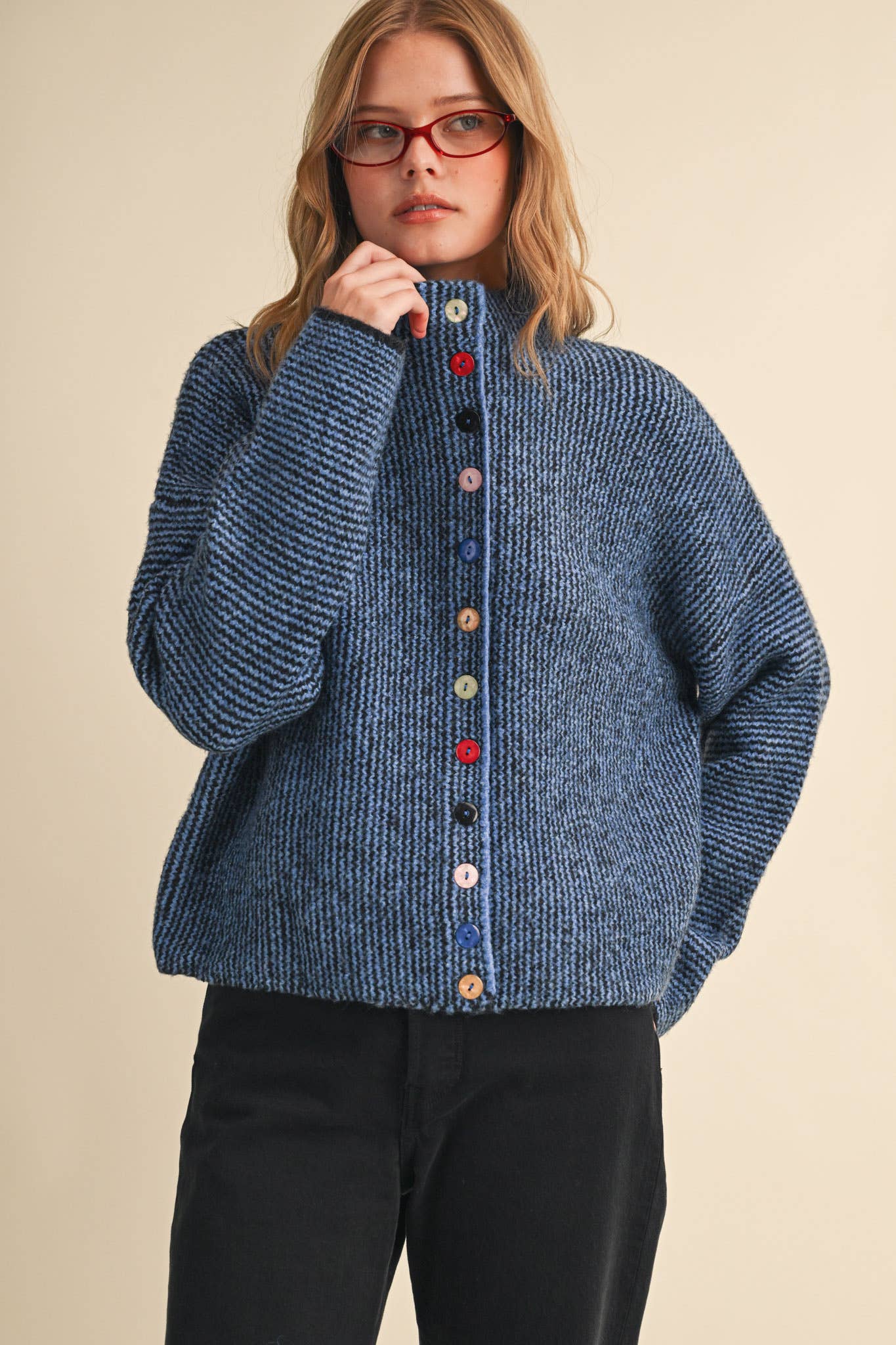 Blue Striped Cardigan With Buttons at Ninety Nine Boutique
