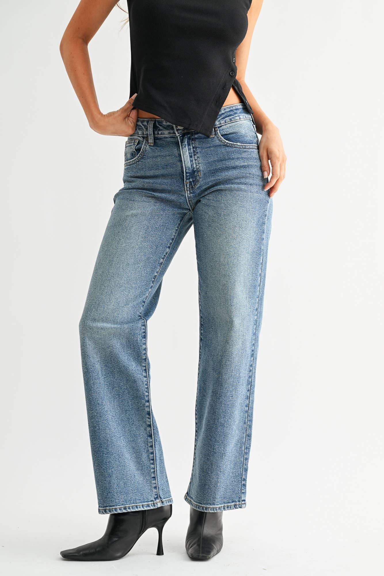 Medium Denim Straight Leg Jeans