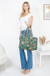 Green Floral Quilted Tote Bag