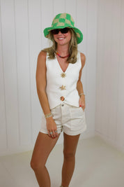 Green Woven Paper Straw Bucket Hat