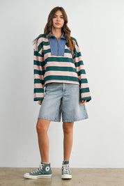 Green Striped Quarter-Zip Contrast Collar Sweatshirt