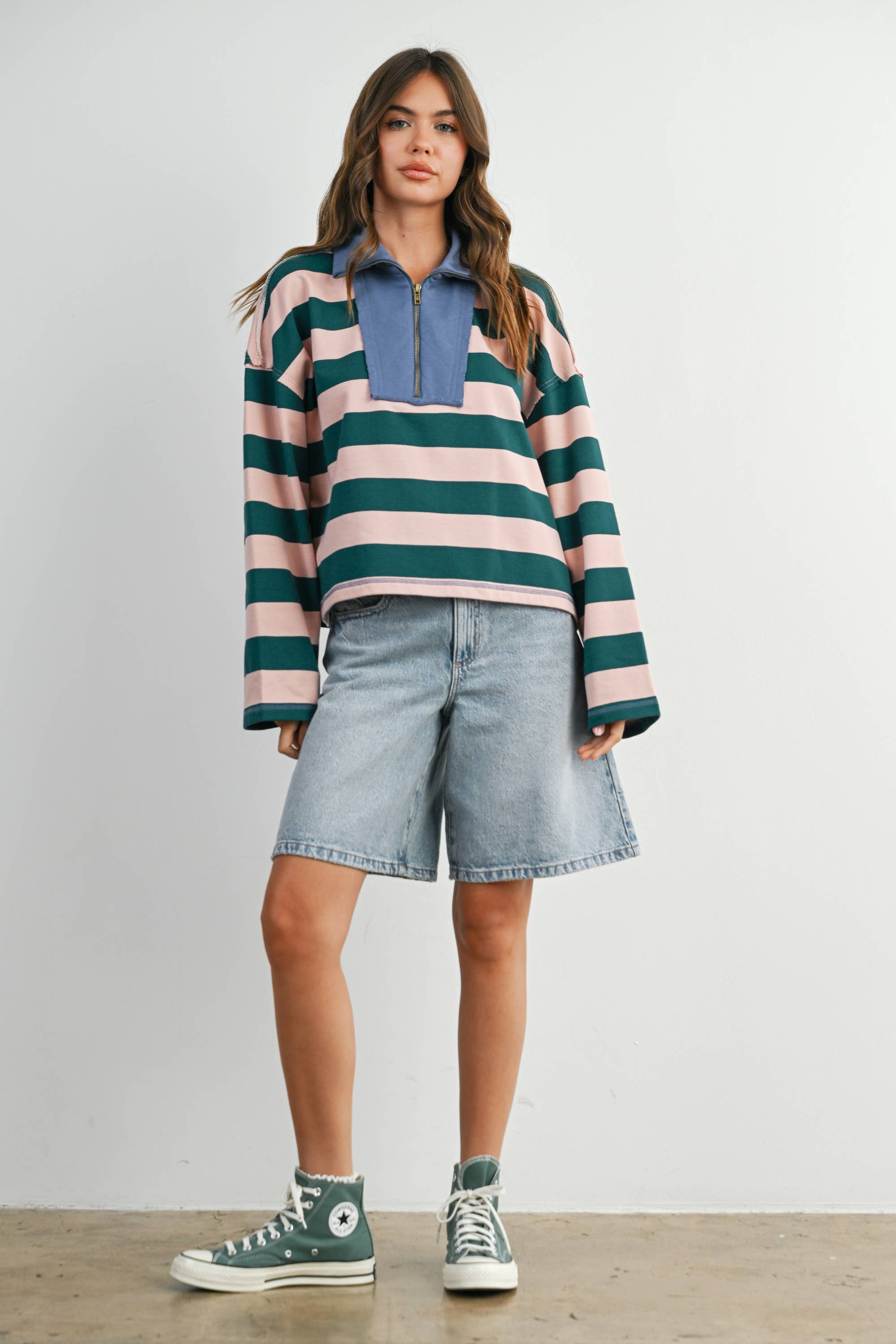 Green Striped Quarter-Zip Contrast Collar Sweatshirt