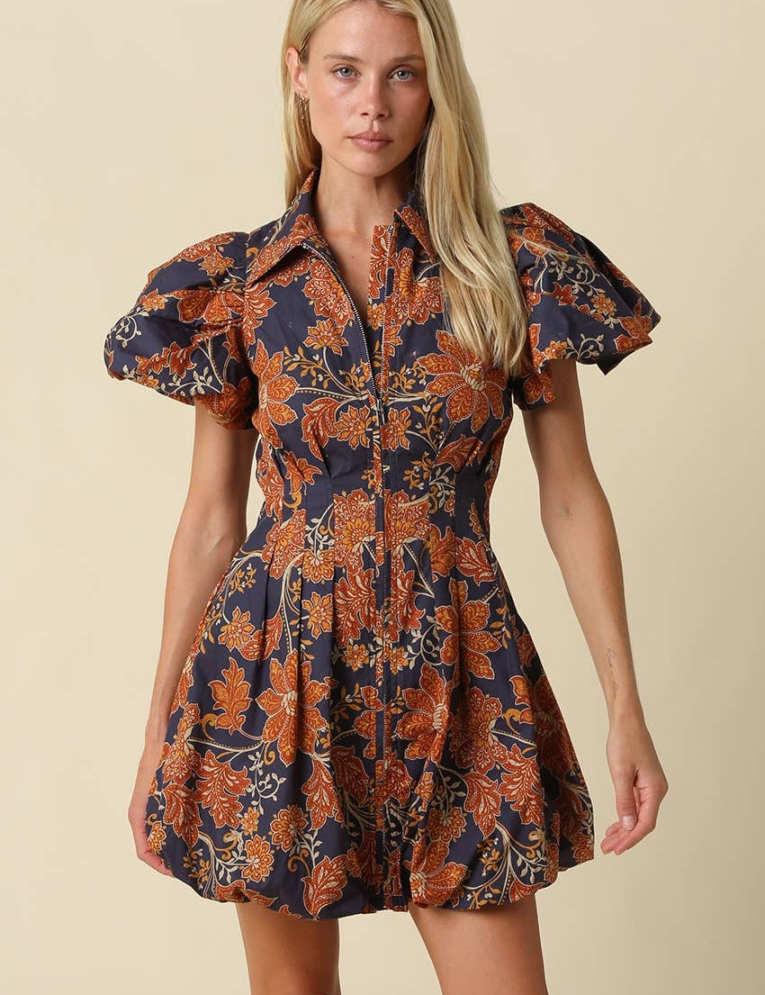 Navy & Orange Floral Bubble Mini Dress — collared neckline and zipper-front bodice