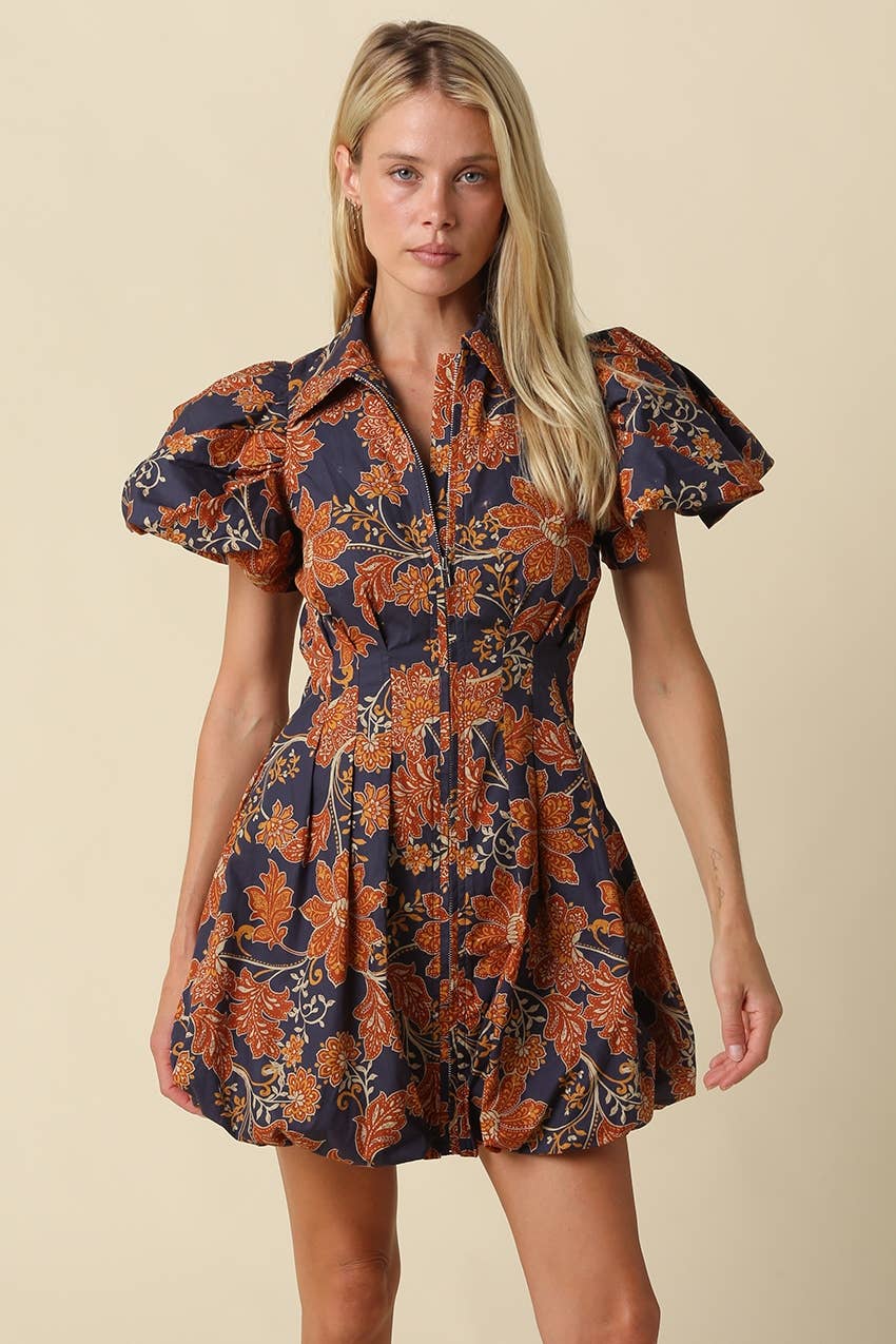 Navy & Orange Floral Bubble Mini Dress — collared neckline and zipper-front bodice