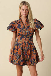 Navy & Orange Floral Bubble Mini Dress — collared neckline and zipper-front bodice